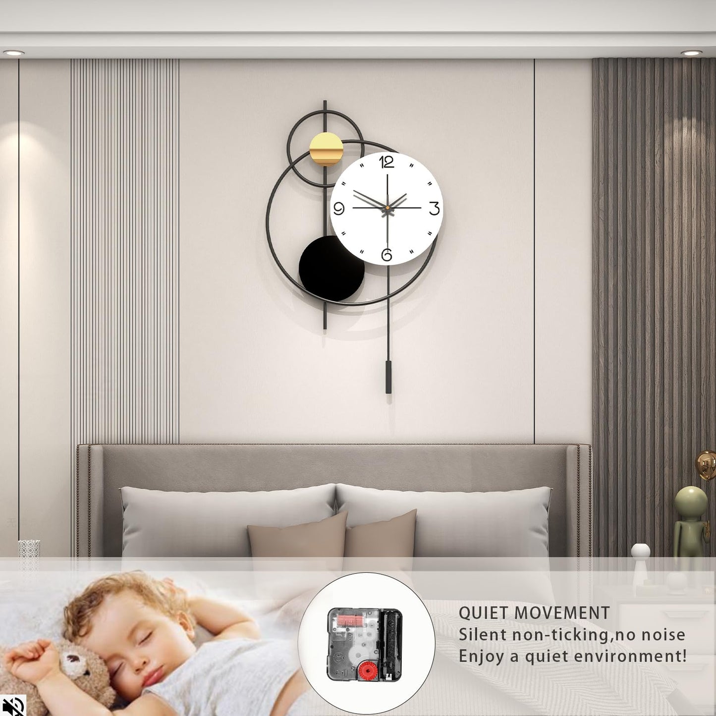JUJUDA Large Modern Wall Clock for Living Room Decor 24 Inch Big Decorative Black Metal Wall Clock with Pendulum for Home Bedroom Kitchen Office Battery Operated Non Ticking Decoration Clocks Wall