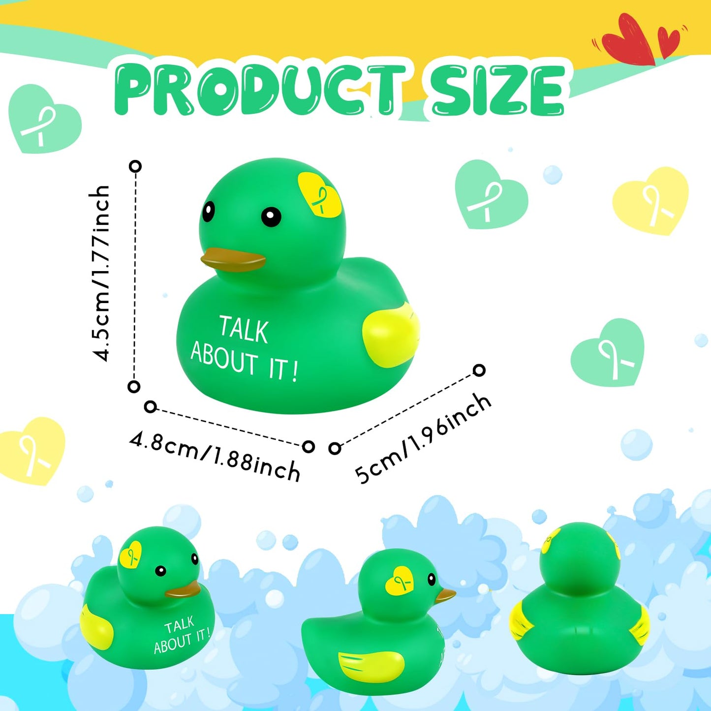Deekin 60 Pcs Mental Health Rubber Duck Bulk Green Ribbon Mental Health Awareness Items Gifts for Self Care Adults Charity Office Therapist Favors