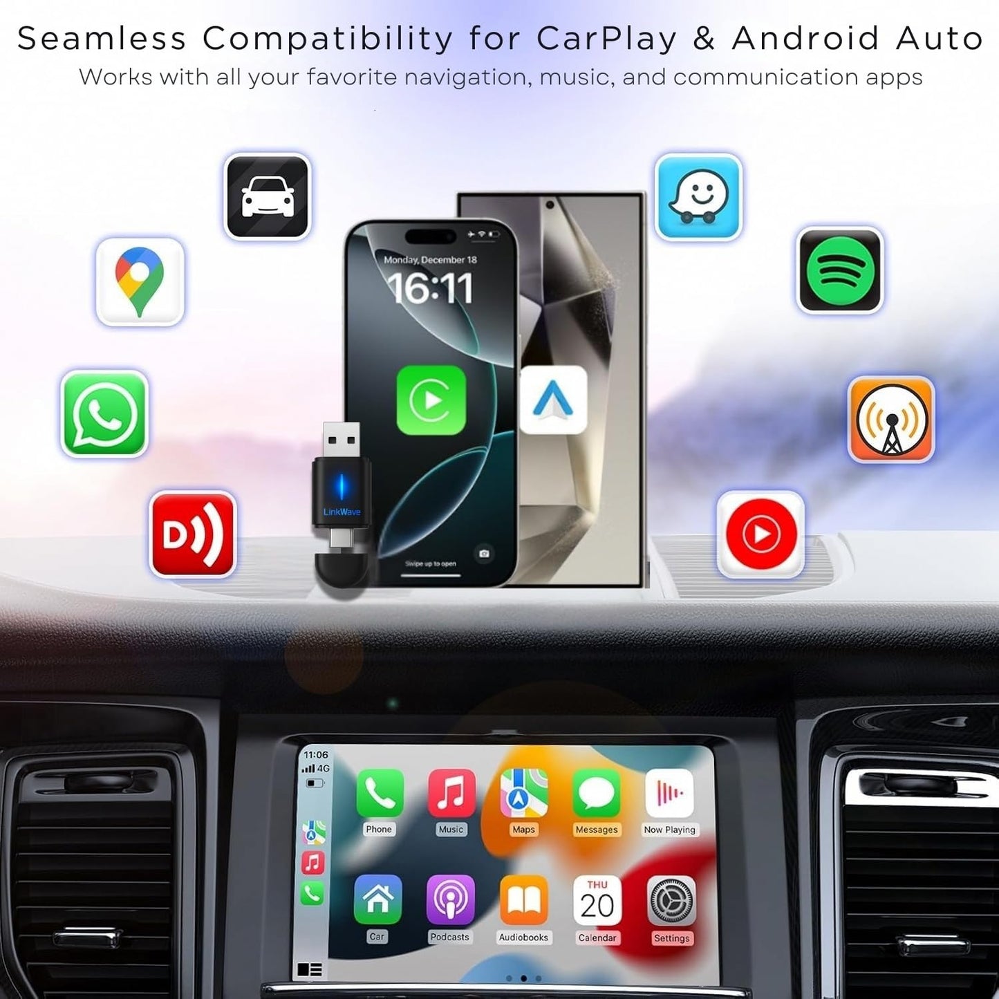 Wireless CarPlay adapter & wireless Android Auto adapter, 2-in-1 USB-A/USB-C dongle for factory wired CarPlay iOS 10+ & Android 11+ cars, easy to install, 3s auto-connect, 5.8 GHz Wi-Fi, Bluetooth 5.2