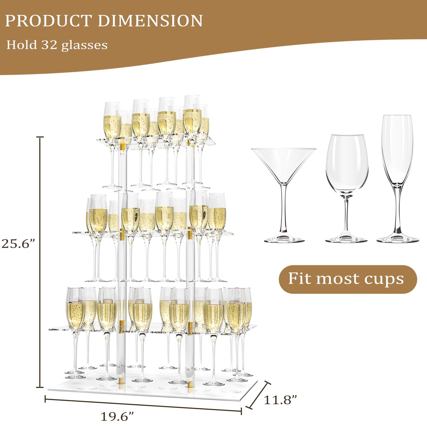 Champagne Display Holder Stand for Party With 32 Slots, Cocktail Tree Stand for Drinks 3 Tier Clear Acrylic Wine Glass Stemware Display Rack, Champagne Flute Wall Holder with Led Light for Party