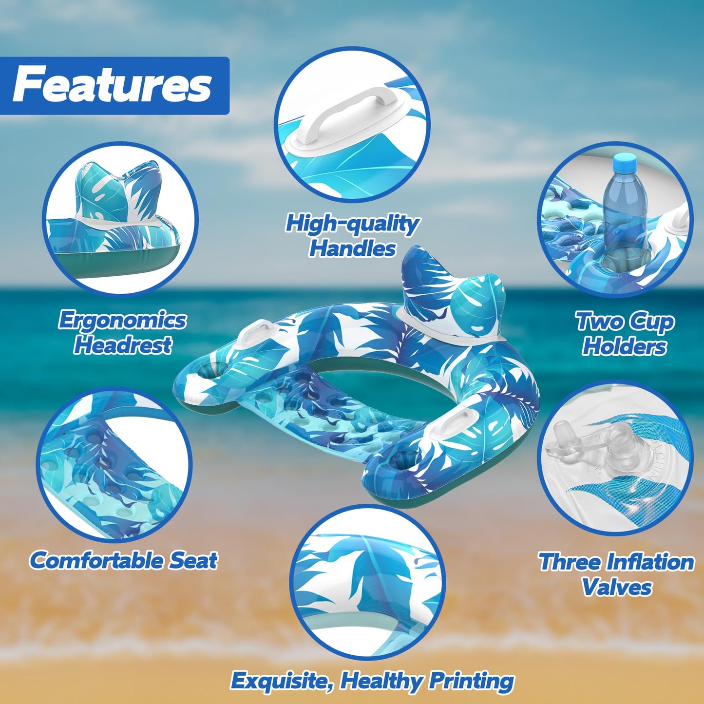 KEUCL Pool Floats, 3 Pack Inflatable Float Chairs with Cupholders & Handles, Pool Floats Adult & Kids Perfect for Pool Lake & Rivers, Pool Toy Party, Relaxing Inflatable Chair for Swimming Pool