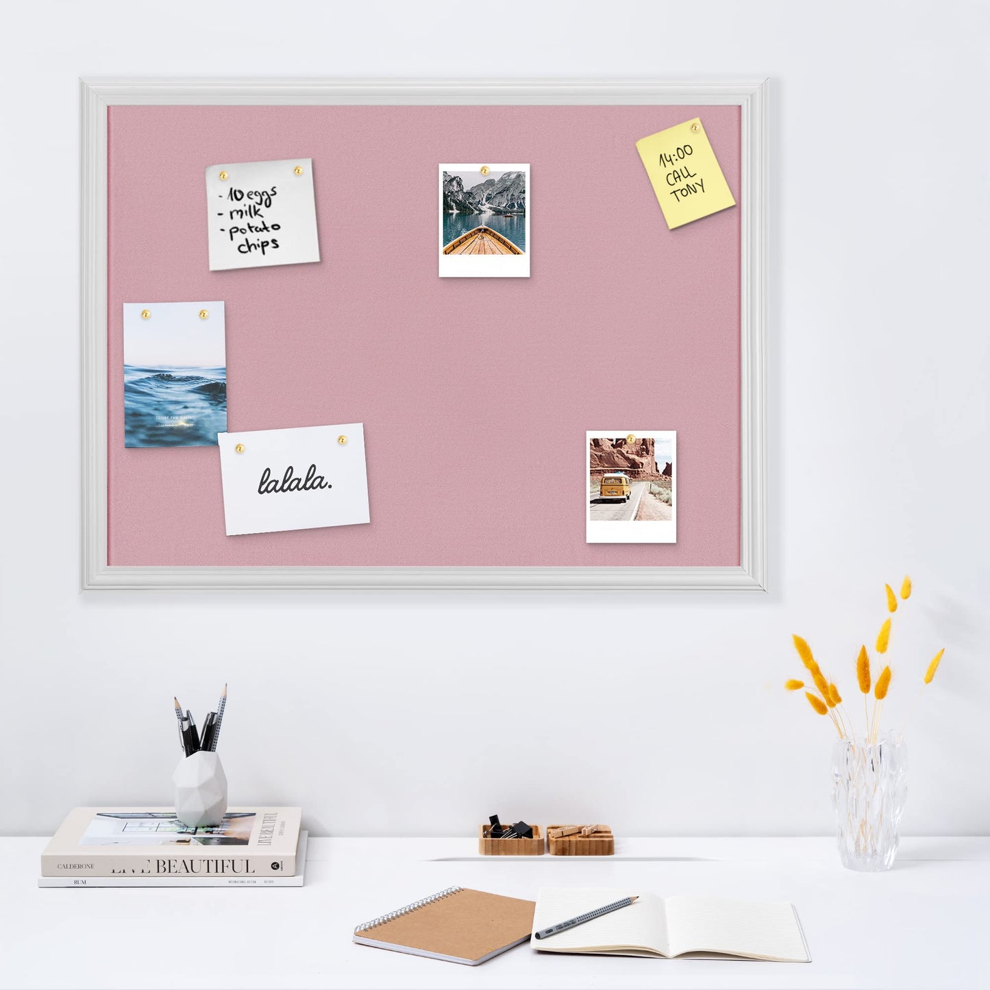 Navaris Framed Fabric Bulletin Board - 18 x 24 inches Plush Jewelry Organizer Pinboard for Wall - Memory Memo Pin Board - Rose with White Frame