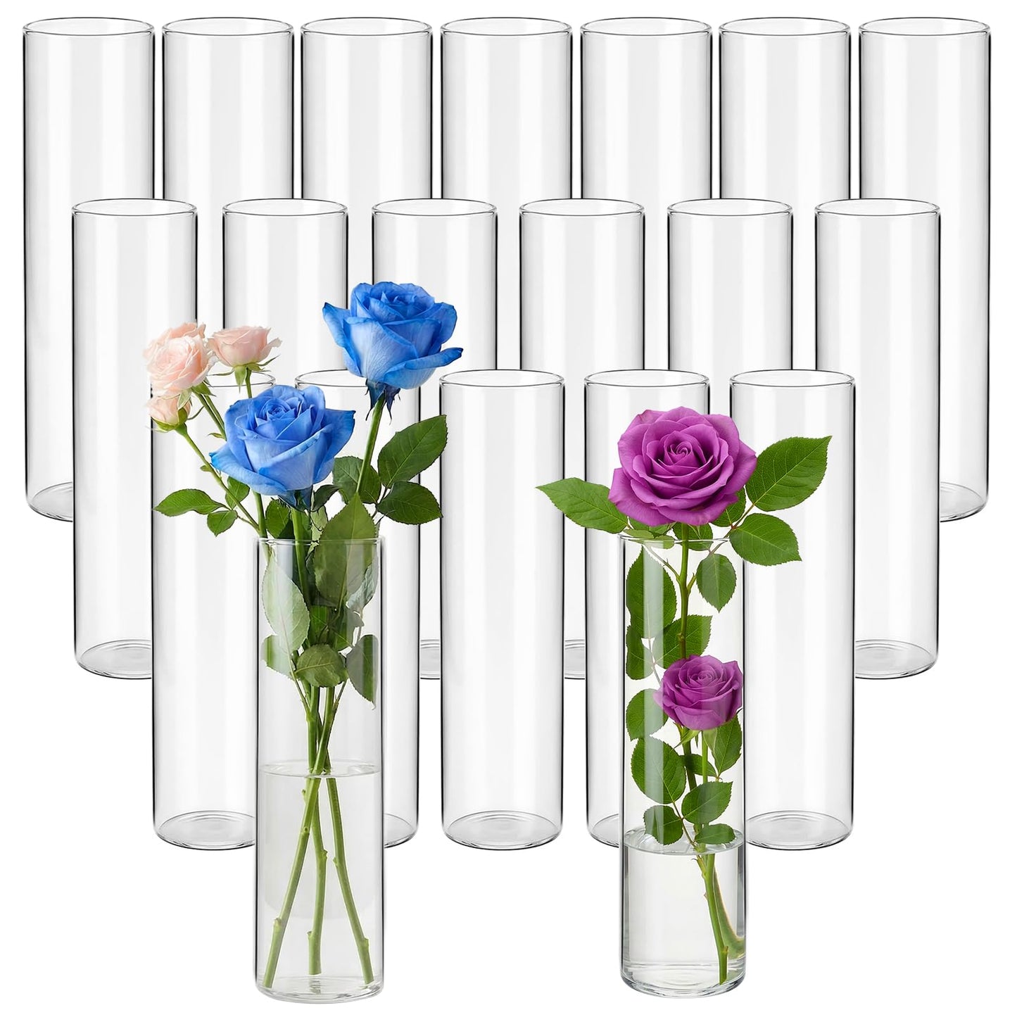 20 Pcs Glass Cylinder Bud Vases for Centerpieces, H: 7.15" x D: 1.85", Birthday Party Wedding Centerpiece Table Decorations, Home Decor, Small Cylinder Living Bud Vases in Bulk for Flowers