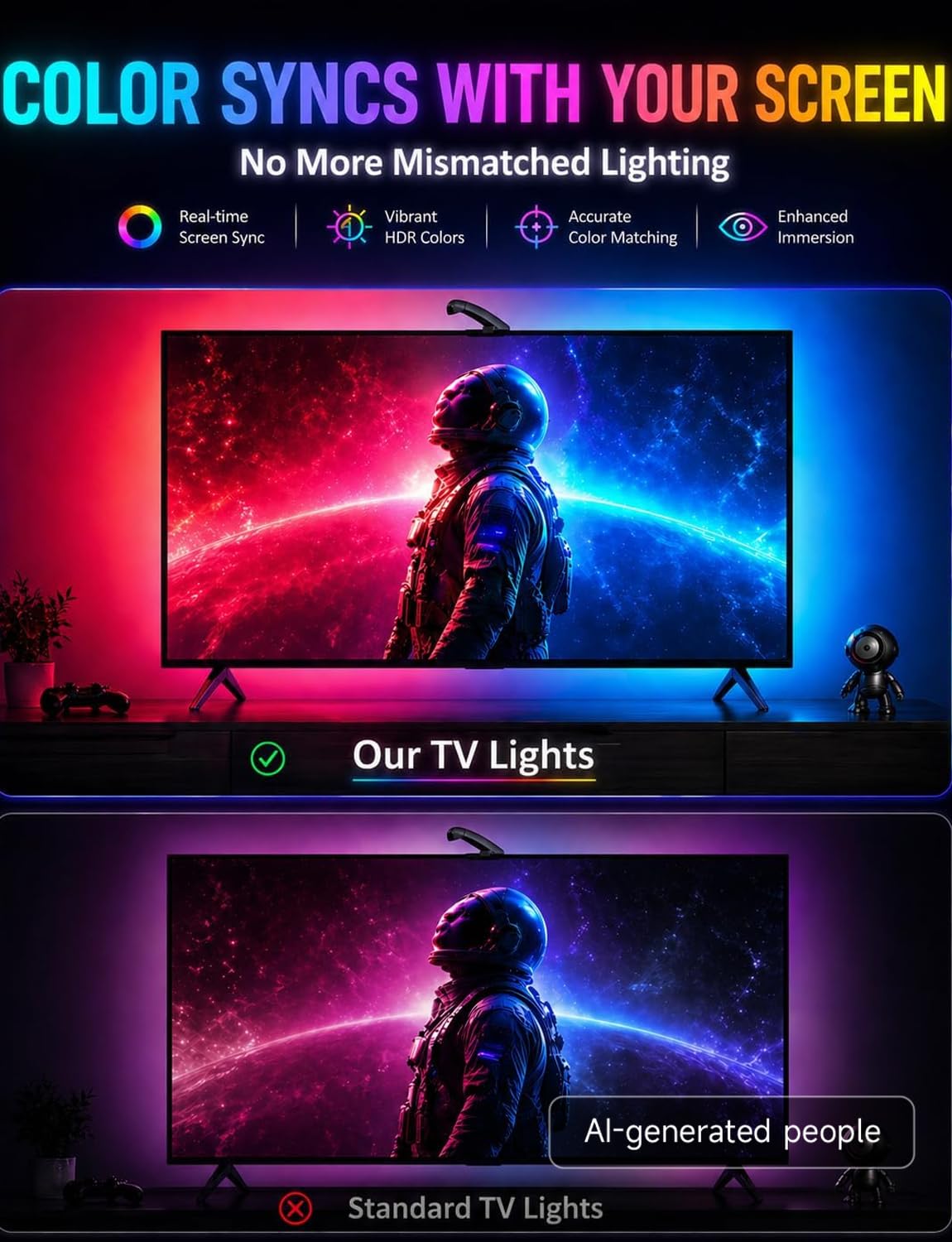 QTU TV LED Backlight with Sensor, LED Sync Lights for TV 55-65 Inch, Smart Camera Sync to Screen, Ambient RGB Strip Lights for Gaming & Home Theater, App Control (14.7ft)