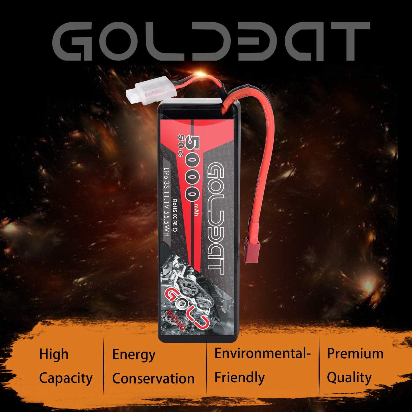 GOLDBAT 11.1V 5000mAh 3S 50C Lipo RC Battery Pack Hard Case with Deans T Connector for E-maxx Axial RC Car Truck Buggy Truggy Hobby (2 Pack)