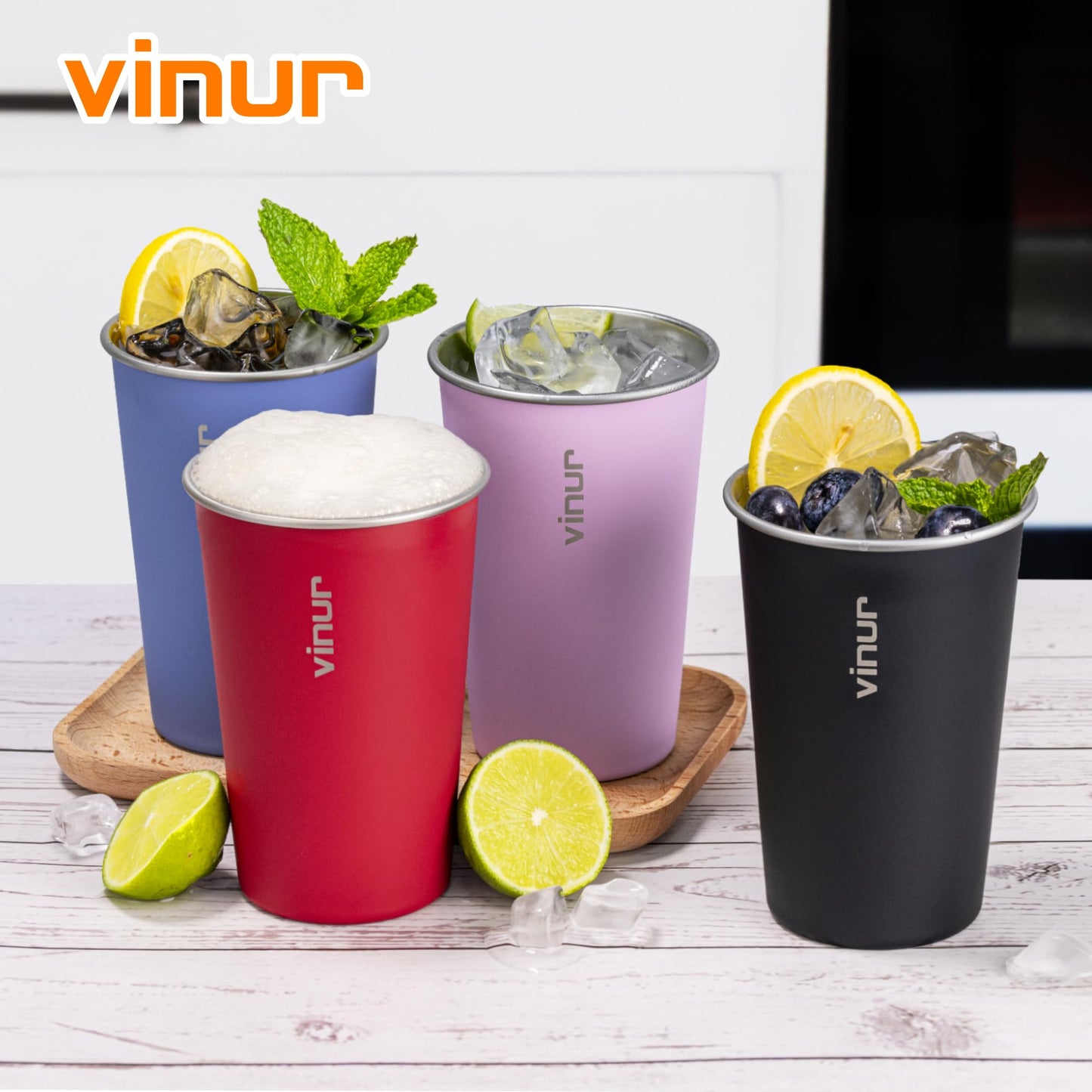VINUR Stainless Steel Cups-8 Pack 16 oz Pint Cup Tumbler Stackable Colorful Metal Drinking Glasses for Camping, Restaurant, Bar