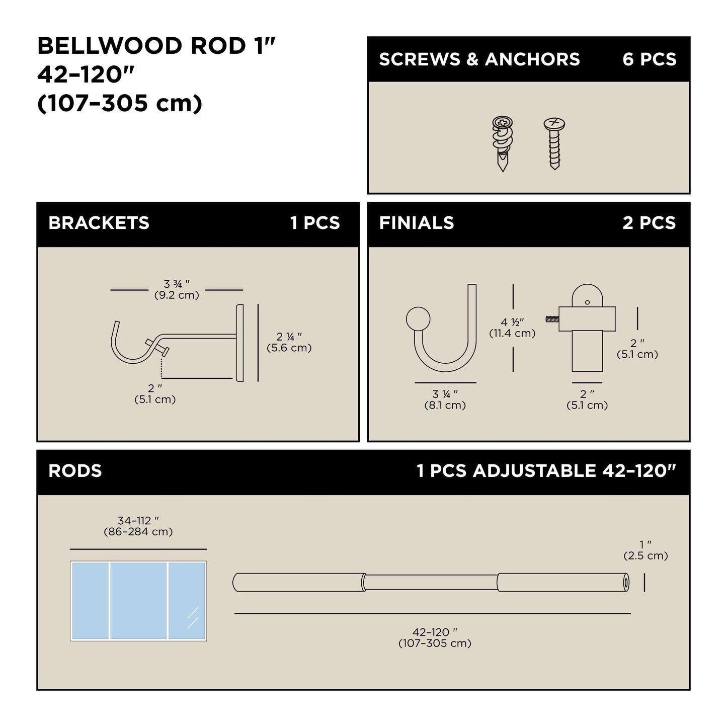 Umbra Bellwood Curtain Rod for Window Drapery, Adjustable Length 42" to 120", Set Includes Finials and Mounting Hardware, White/Natural