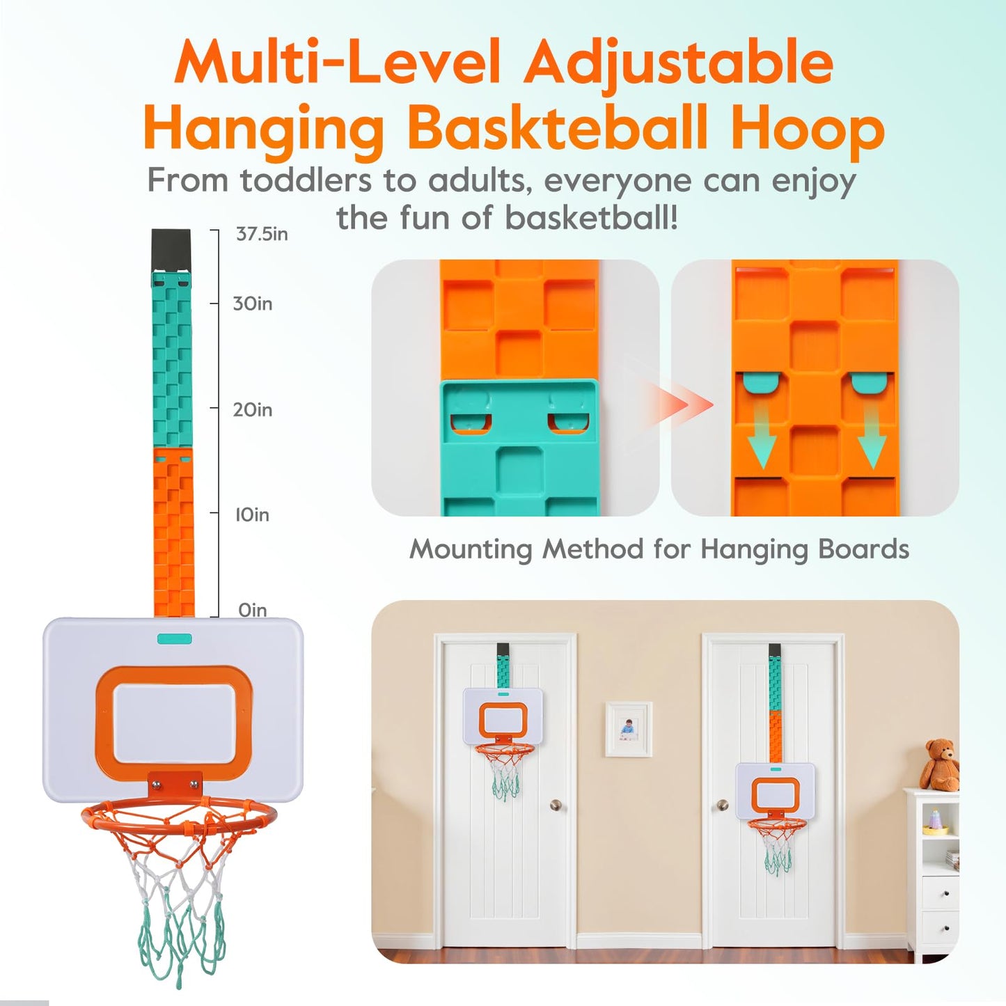 CYFIE Adjustable Basketball Hoop Toys Toddler, Indoor/Outdoor Hanging Basketball Hoop with Sturdy Backboard & 3 Balls, Basketball Toys for Adults Boys Girl Teens Age 3 4 5 6 7 8 9 10+