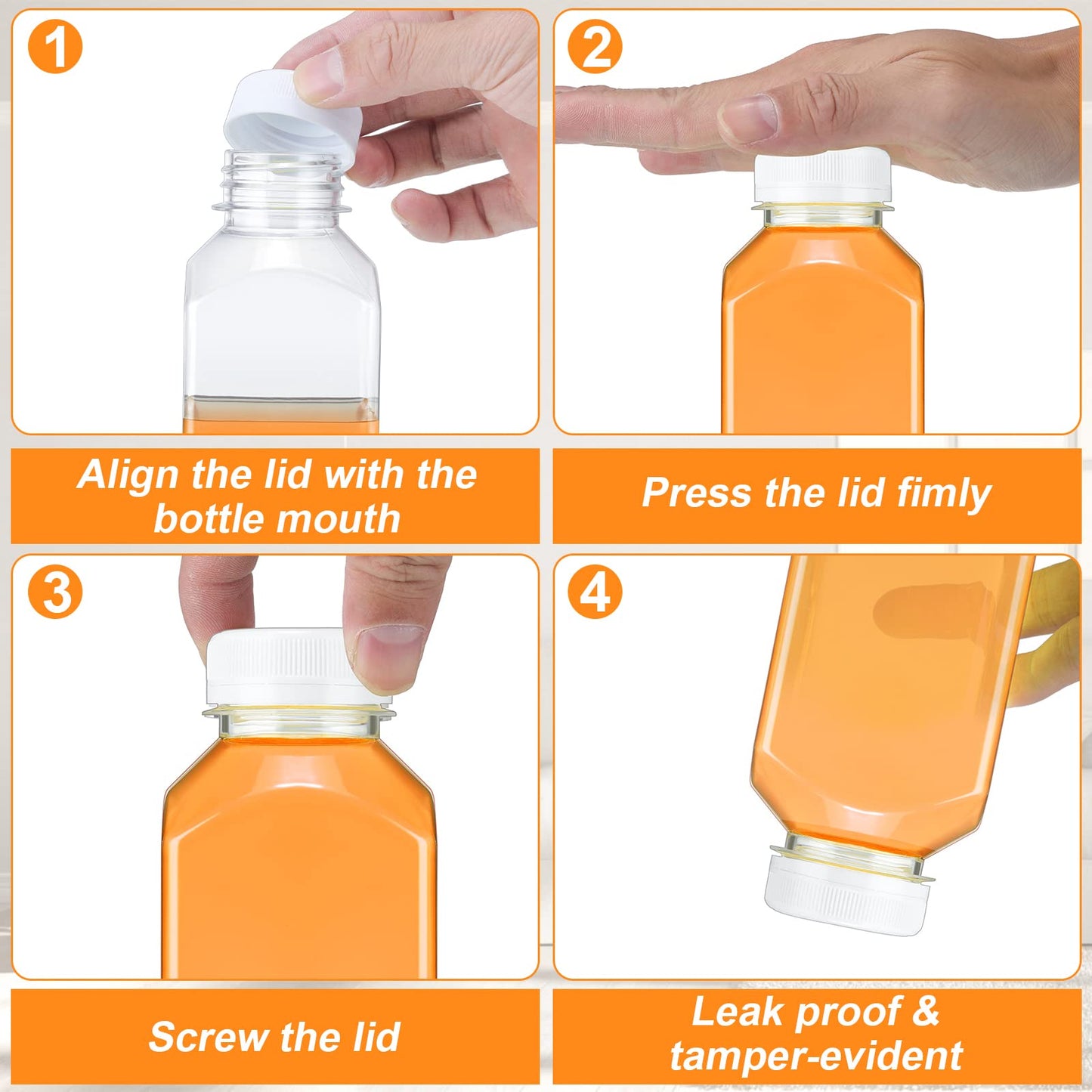 200 Pcs Plastic Juice Bottles with Caps Square Empty Clear Water Bottles Bulk Drinking Beverage Containers Reusable Empty Juicing Refillable PET Flasks with Lids for Drinks Smoothie(16oz,White)