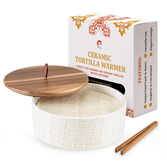 Ceramic Tortilla Warmer with Airtight Wooden Lid – 8.8 Inch Tortilla Holder, Insulated Bread Pancake Warmer, Authentic Tortillero for Tortillas, Pancakes, Roti – Large Tortilla Container