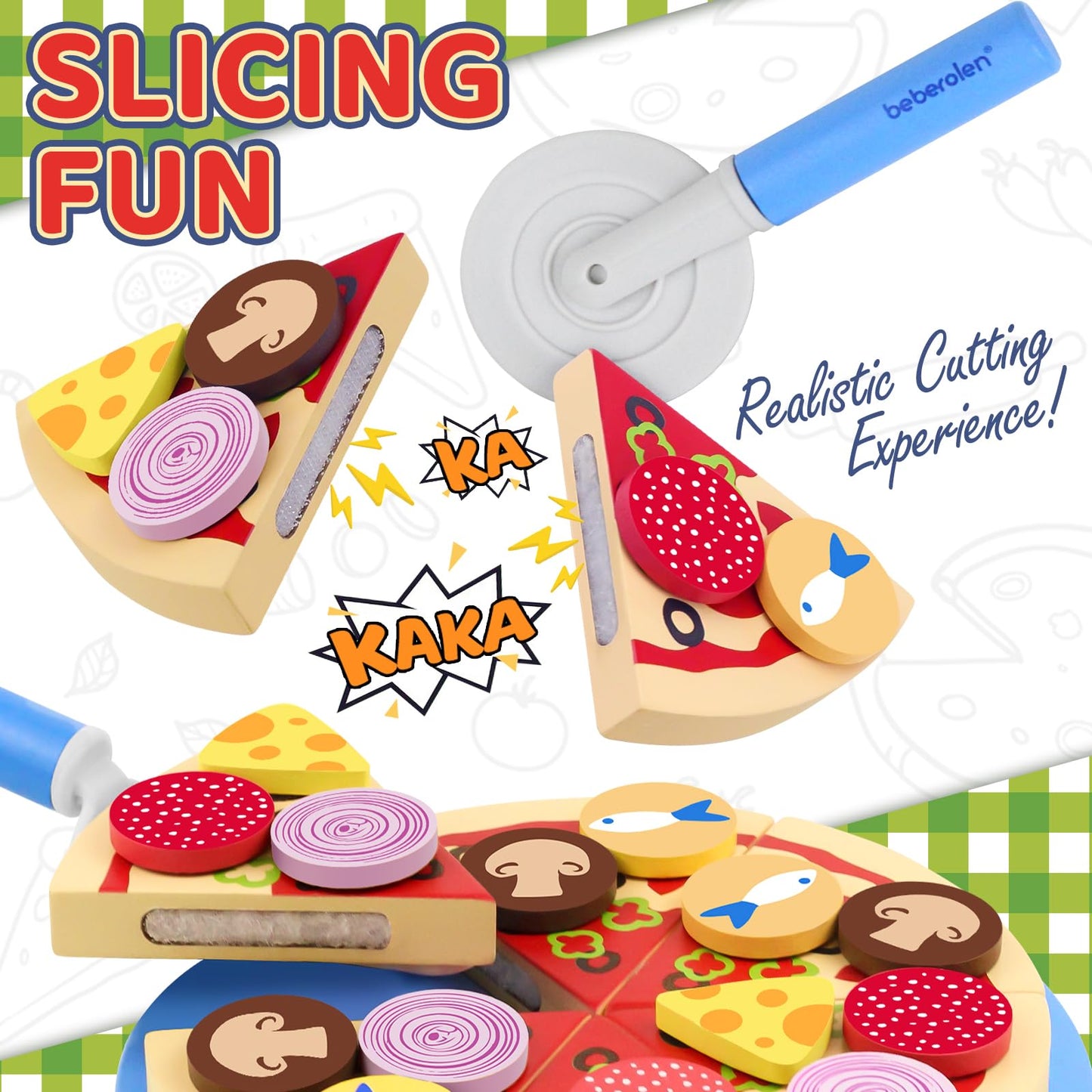 Beberolen Wooden Pizza Toy Play Food Set for Kids Pretend Play Kitchen Accessories Cutting Food Toys for 3 4 5 Years Old Toddlers Boys Girls