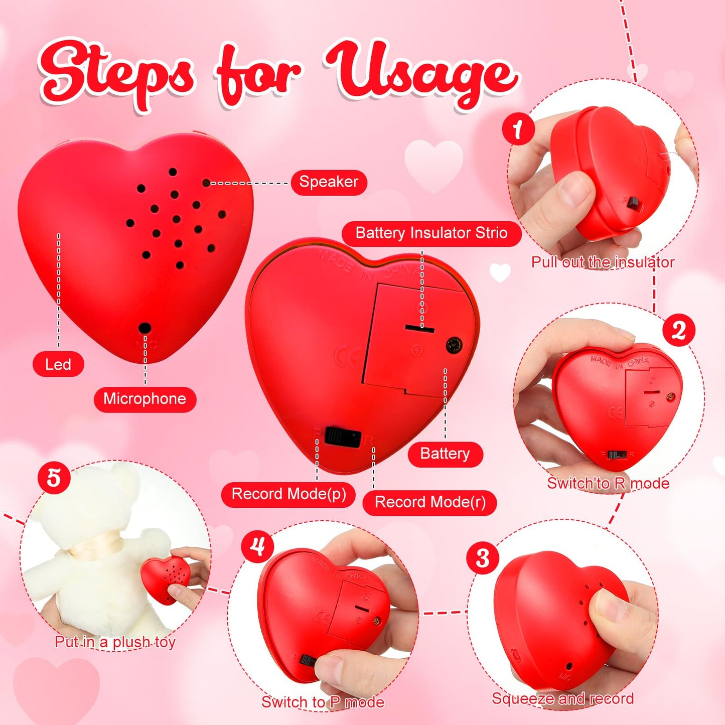 Copkim 6 Pcs 20 Seconds Valentine's Voice Recorder for Stuffed Animal Heart Shape Sound Recorder Push Button Recordable Device Sound Module for Gift Recording Voice Message (Red, White, Pink)