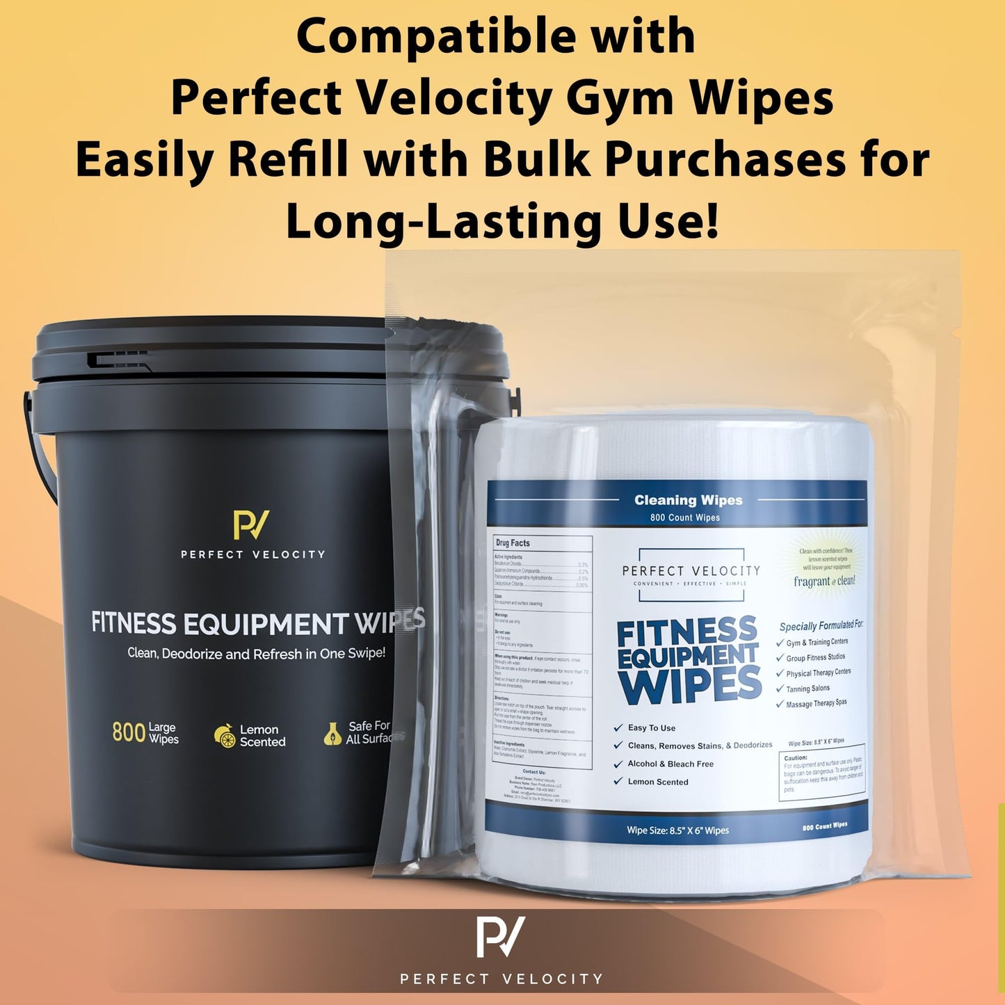 Perfect Velocity Fitness Equipment Wipes with Reusable Bucket Dispenser - 800 Pre-Moistened Lemon Scented Multi-Surface Wet Wipes - All Purpose Gym Cleaner for Yoga Mats & Exercise Equipment