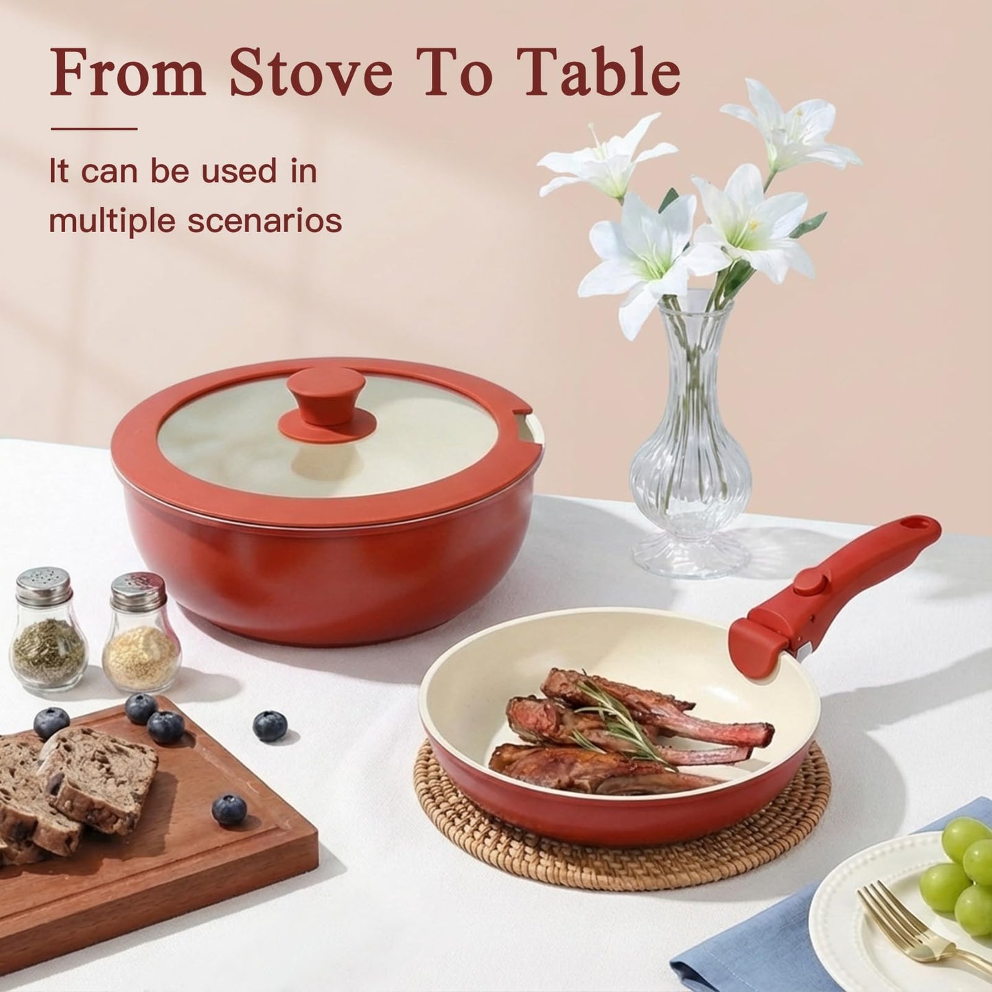 GIPP 11PCS Ceramic Pots and Pans Set Non Stick, Nonstick Cookware Set Detachable Handle, Red Black Gradien Pots and Pans Induction Kitchen Cooking Sets, RV Cookware Sets for All Stoves