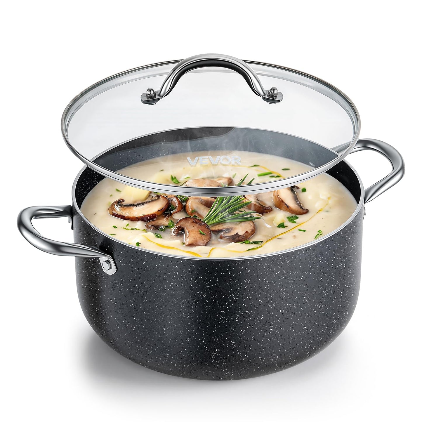 VEVOR Aluminum Stock Pot, 8-Quart Nonstick Ceramic Coated Pot with Glass Lid, PFOA-Free, PFAS-Free, Compatible with Gas Stoves, Induction Cooktops, Electric Stoves, for Soups, Stews, and Pasta