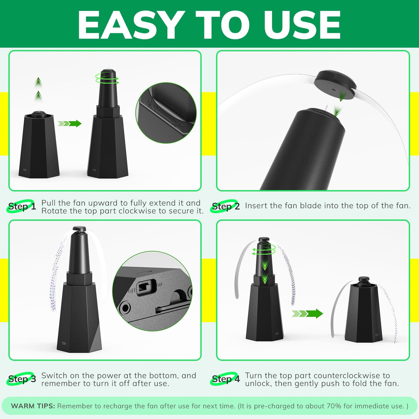 4-Pack Rechargeable Fly Fans for Tables Up to 10-Hour Working Time, Indoor Outdoor Mute Food Fans to Keep Flies Away, Retractable Table Fans with Hook for Home Restaurant Party Picnic Patio, Black