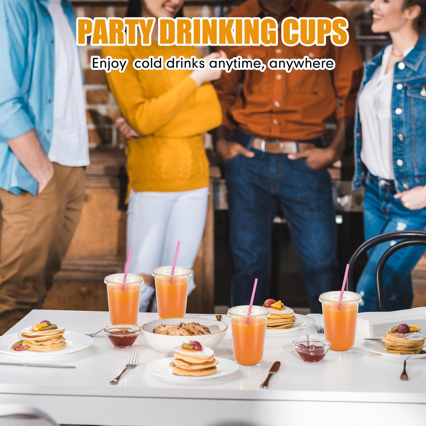 Ziliny 100 Pack 16 oz Clear Plastic Cups with Lids and Straws Disposable Iced Coffee Cups Round Bottom To carry Cup for Coffee Smoothie Cold Drinks Juice Milkshake Tea (Pink)