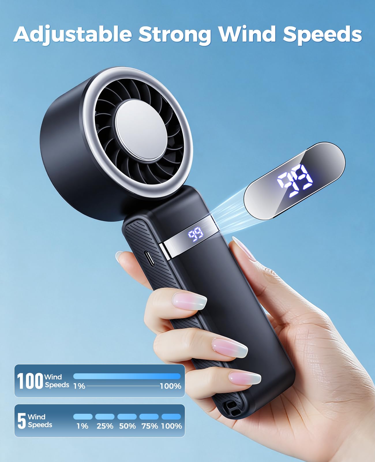 【2026 Upgrade】12000mAh Ice Cooling Portable Handheld Fan with 12W Fast Charging Personal Fan 25H Working Time 100 Speeds Turbo Fan Cooling Fan 3-in-1 Desk Fan Rechargeable for Travel,Camping(Black)