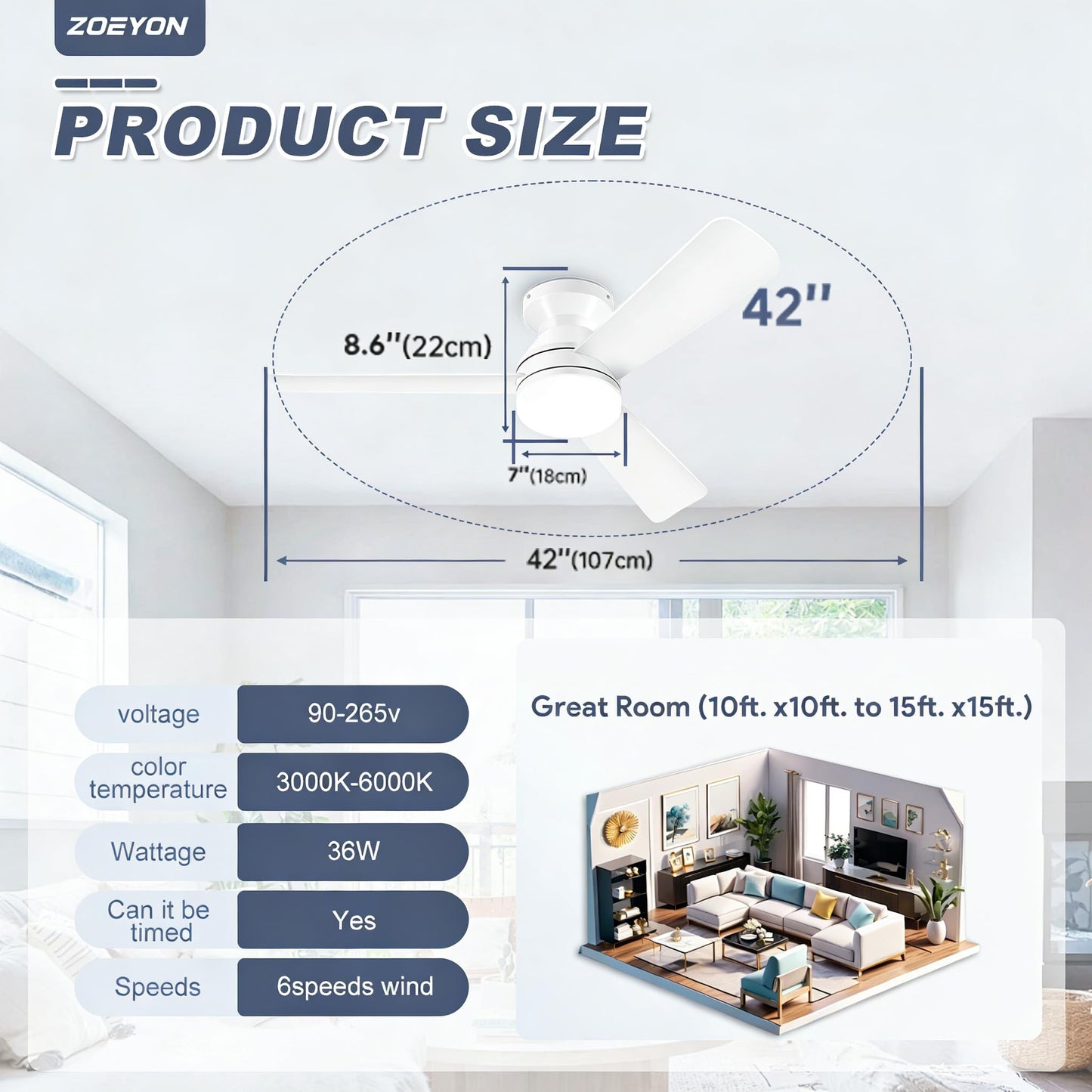 ZOEYON Ceiling Fans with Lights - 42 Inch Low Profile Ceiling Fan with Light and Remote Control, Reversible, 3CCT Dimmable, Noiseless, White Small Flush Mount Ceiling Fan for Bedroom Indoor/Outdoor