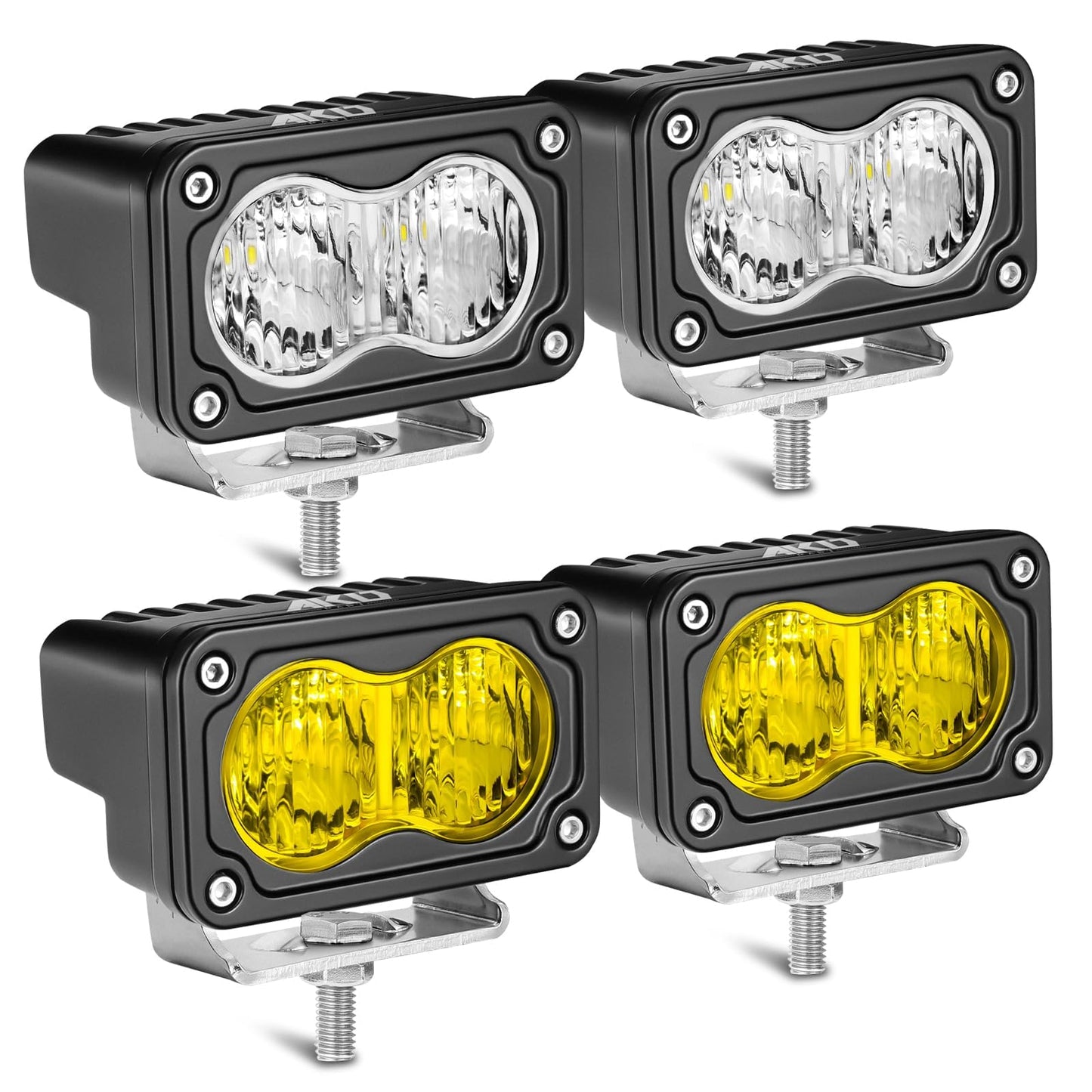 LED Pods, AKD Part 4Pcs 3" 80W Flood CREE LED Pod Lights Small Off Road Driving Lights Backup Reverse Scene Lights for Trucks Motorcycle UTV ATV SUV Dirt Bike - White & Yellow