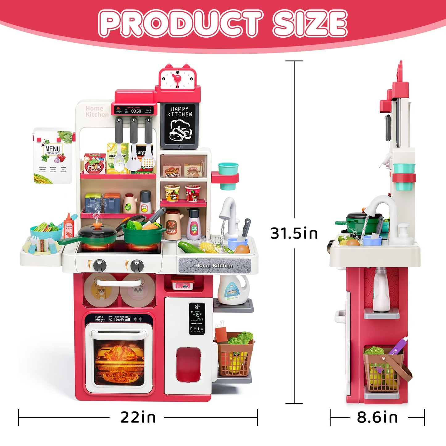 Red Kids Play Kitchen Set, Toddler Kitchen Playset with Sound & Light, Cooking Stove with Steam, Play Sink, Play Food Toy and Kitchen Accessories, Kitchen Toy for Kids Girls Boys - Red