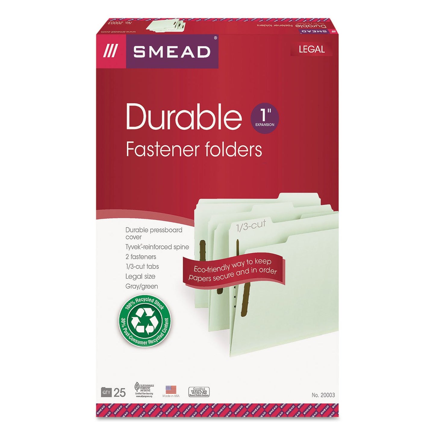 Smead 100% Recycled Pressboard Fastener File Folder, 2 Fasteners, 1/3-Cut Tab, 1" Expansion, Legal Size, Gray/Green, 25 per Box (20003)