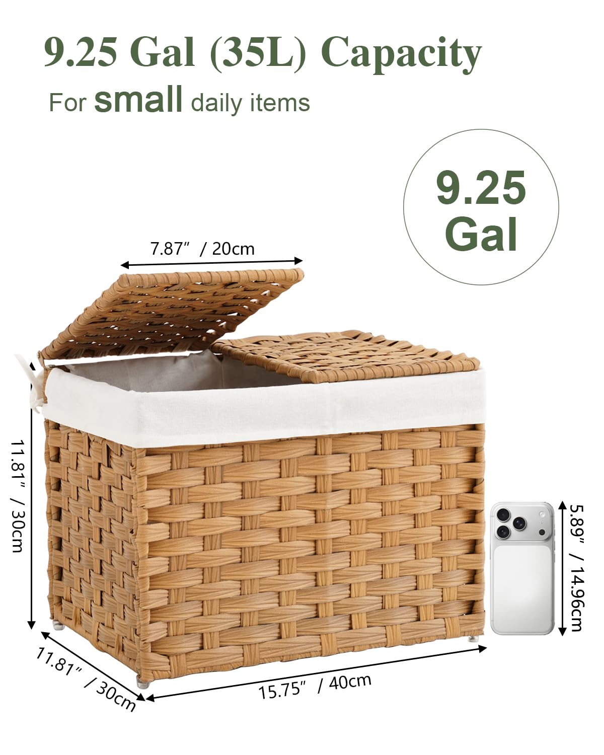 SETVSON Storage Basket with Lid Woven Wicker Baskets with 2 Separate Lid, 9.2 Gallon (35 L) Wicker Storage Bins with Handles, Foldable and 2 Removable Liner Bags for Bedroom, Laundry Room Natural