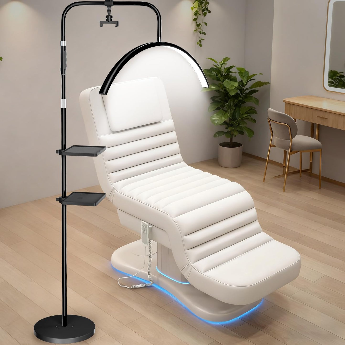 young master Half Moon Lash Light, 24W 1500LM Dimmable LED Floor Lamp with Adjustable Height for Lash Techs, Tattoo & Nail Artists, 4 Color Modes, Phone Holder & 2 Trays