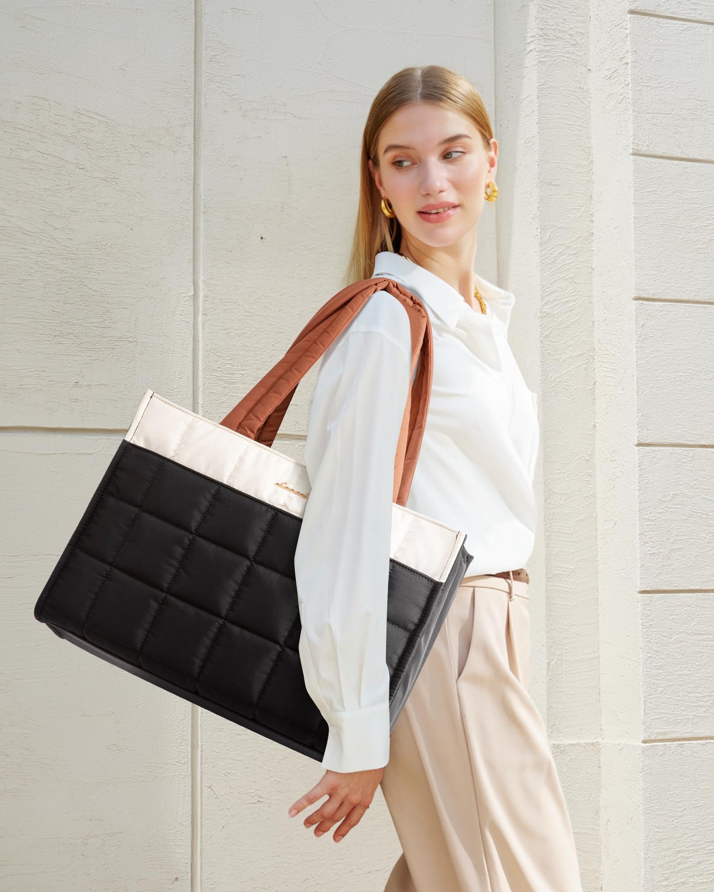 LOVEVOOK Tote Bag for Women, Puffer Work Handbag 15.6 Inch Laptop Purse for Nurse Teacher, Large Quilted Travel Tote Shoulder Bag with Zipper for College Office Clinical Gym, Cream-Black-Brown