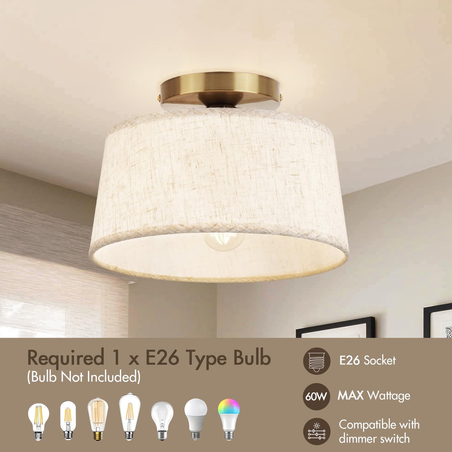 HILUXIA 2P Modern Ceiling Light Fixture, 10 Inch Semi Flush Mount Lamp with Linen Shade, E26 Base, Gold for Kitchen Bedroom Hallway Closet Entryway Room Small Spaces, 2 Pack