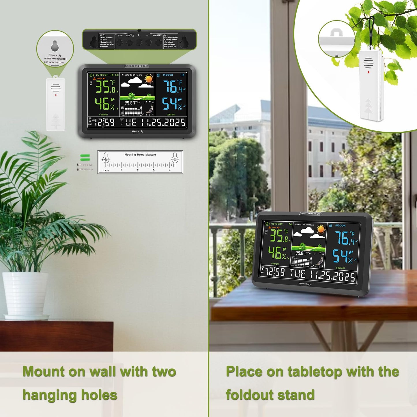 DreamSky Weather Station Indoor Outdoor Thermometer Wireless with Digital Atomic Clock for Home, Large Display with Dimmer, USB Port, Inside Outside Temperature Humidity Monitor (Plug-in)-2 Sensors