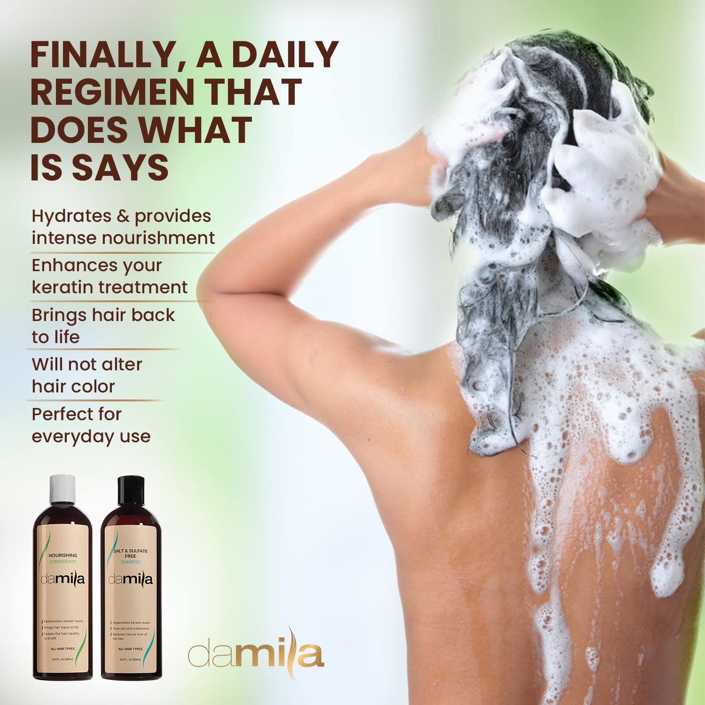 Damila Salt & Sulfate Free Shampoo & Conditioner for Keratin and Color Treated Hair - Professional Keratin Value Pack for Damaged, Frizzy, Curly, Dry & Thin Hair - Shampoo Sin Sal - 33.8 Fl Oz
