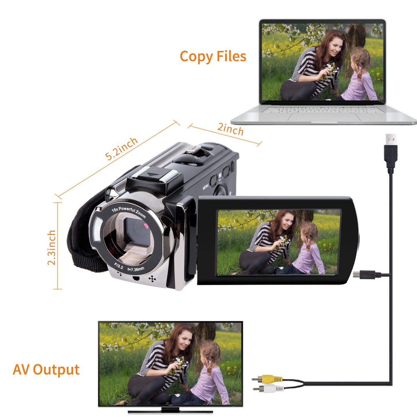 kicteck Video Camera Camcorder Digital Camera Recorder Full HD 1080P 15FPS 24MP 3.0 Inch 270 Degree Rotation LCD 16X Zoom Camcorder with 2 Batteries(604s)