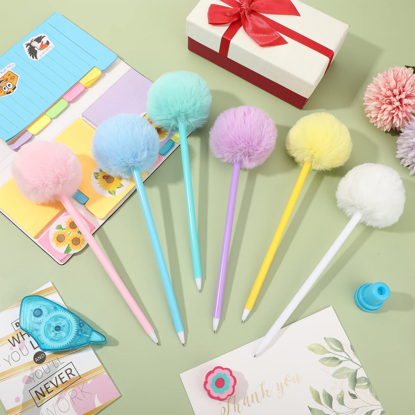 Epakh 84 Pcs Pompom Ballpoint Pen Fluffy Ball Cute Kawaii Plush Fuzzy Pen Black Gel Ink Macaron Color Ballpoint Pompom Gift for Office Women Coworkers, 6 Colors