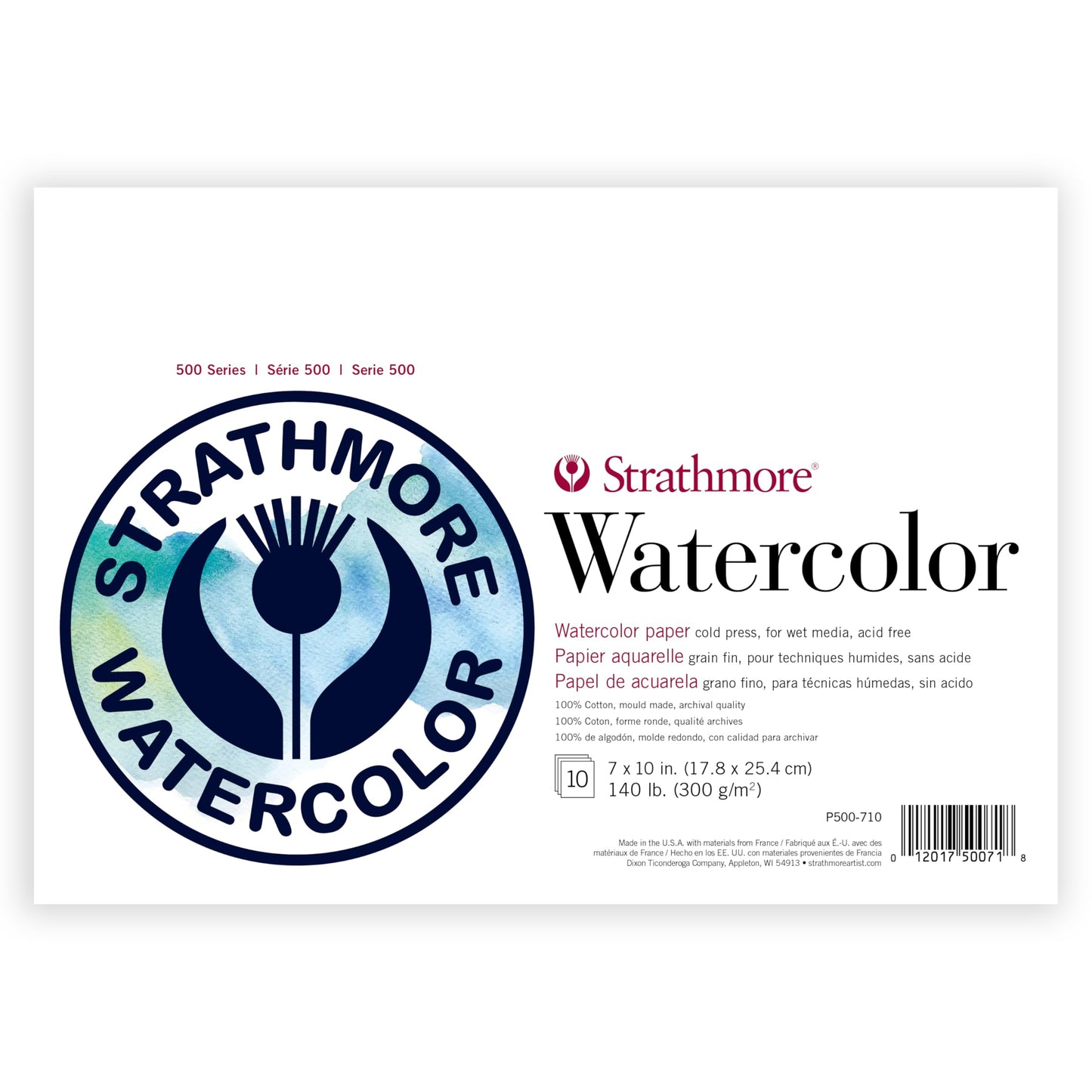 Strathmore 500 Series Watercolor Paper Pad, Heavyweight Cold Press Surface, Foldover Binding, 10 Sheets, 7x10 inch, White