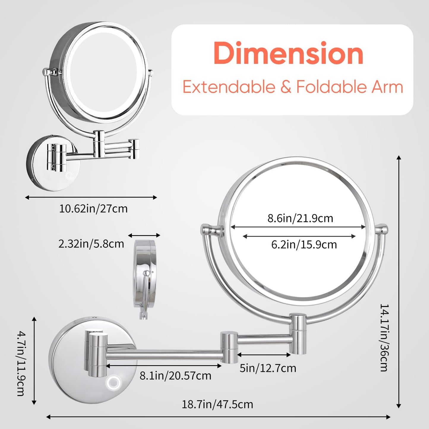 GURUN Wall Mounted Hardwired Makeup Mirror with 3 Tones Dimmable LED Lights 10x Magnifying Mirror with Touch Control for Bathroom Bedroom 13" Extendable Arm Direct Wire M1809D-T(10x,Chrome)