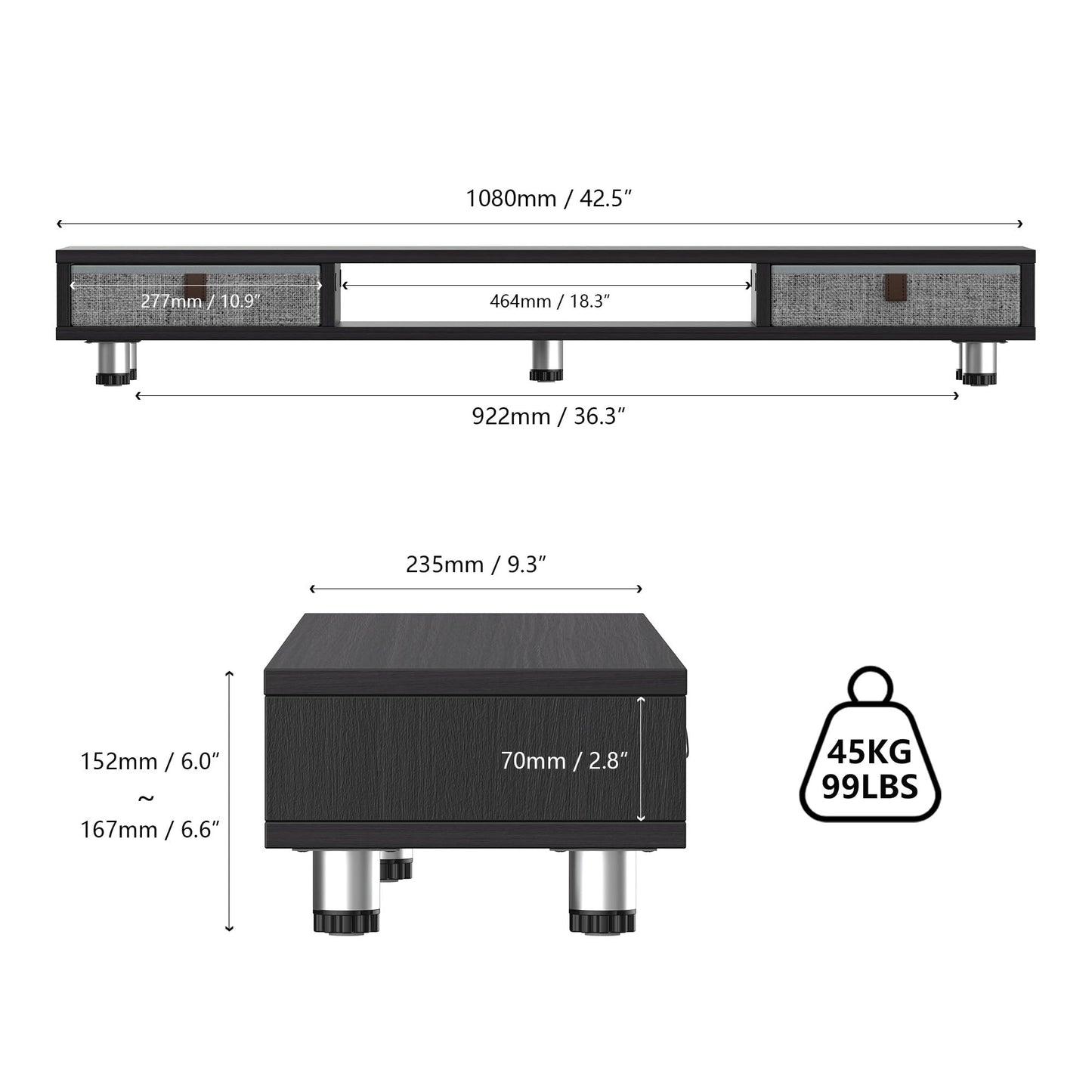 Fenge Dual Monitor Stand with 2 Drawers, 42.5 Inches Large Computer Riser for Desk, Adjustable Height Desk Shelf with Storage for Laptop, PC, TV, Printer