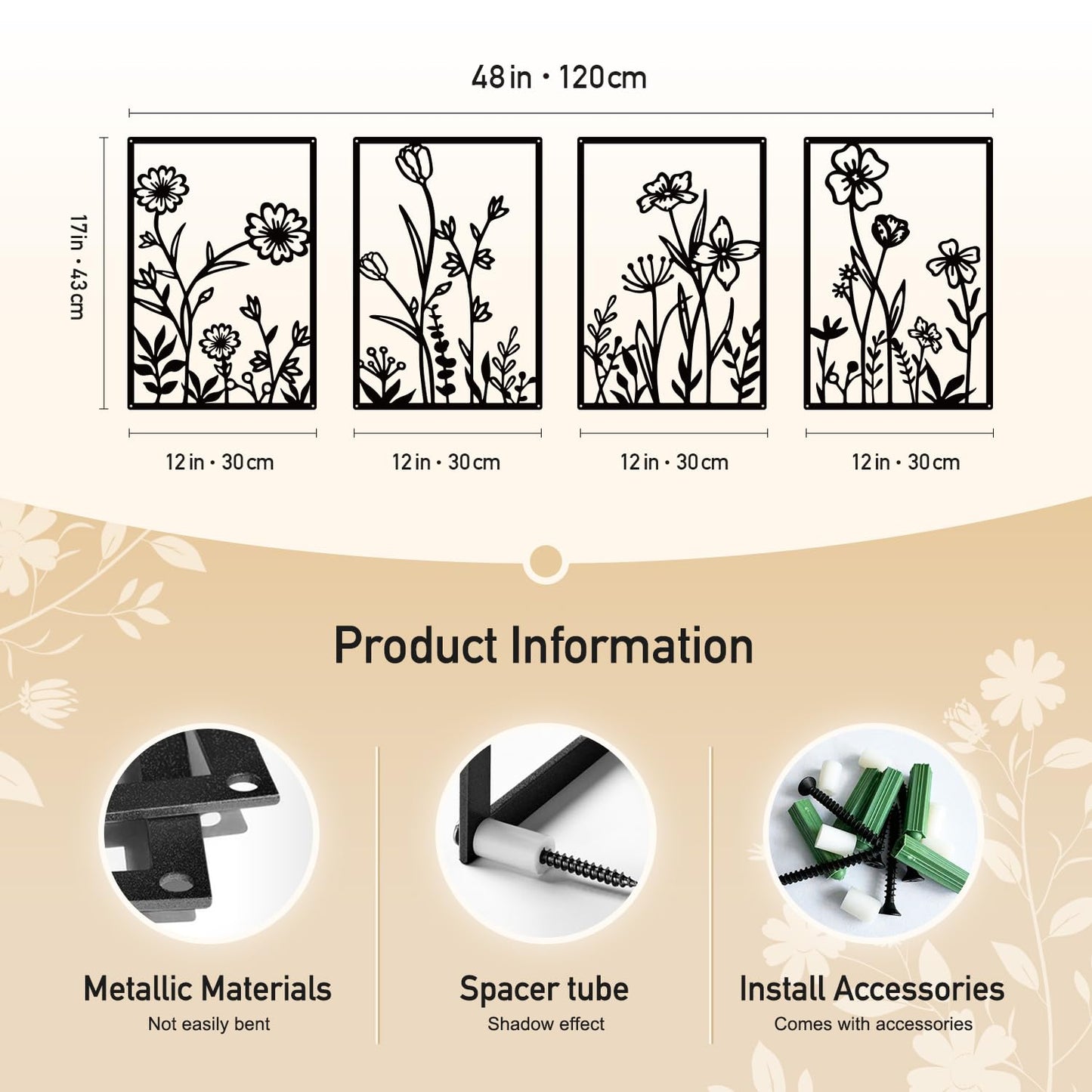 Sokurdeg Black Metal Flower Wall Decor, Minimalist Floral Botanical Wall Art, Abstract Line Boho Farmhouse Decor for Living Room, Bathroom, Bathroom, Office, Meaningful Gift (4 Pcs, 12x17 in)