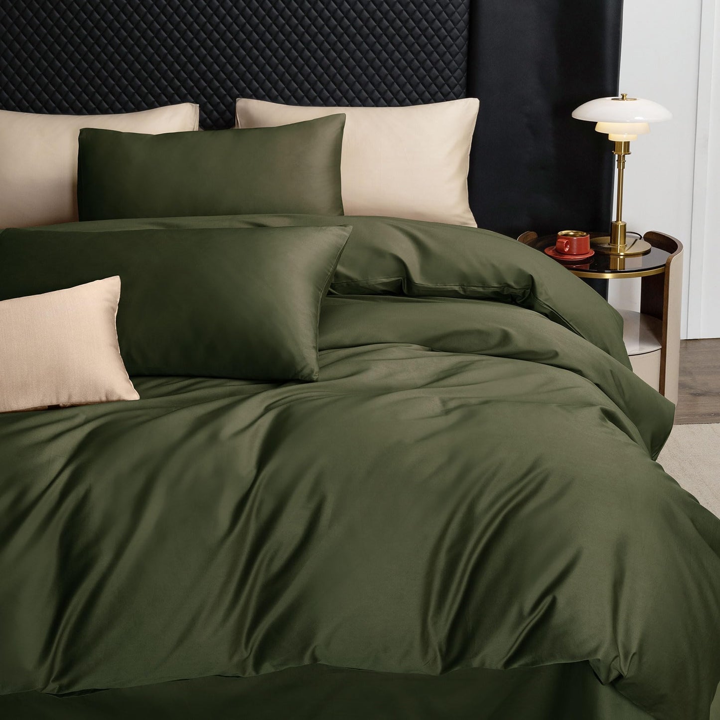 MooMee Duvet Cover Set 100% Extra Long Staple Cotton 600 Thread Count Silky Sateen Smooth Luxury Soft Breathable Durable Hotel Quality Bedding, 3 Pieces (Olive Green, Queen 90"x90")