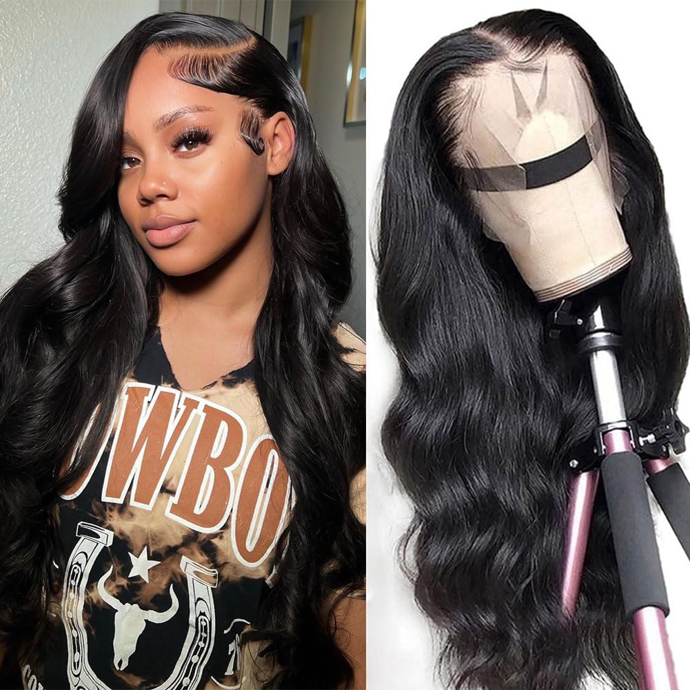 Body Wave Lace Front Wigs Human Hair Pre Plucked 13x4 HD Transparent Lace Frontal Wig with Baby Hair 180% Density 9A Glueless Brazilian Virgin Human Hair Lace Front Wigs for Women Natural Black 22Inch