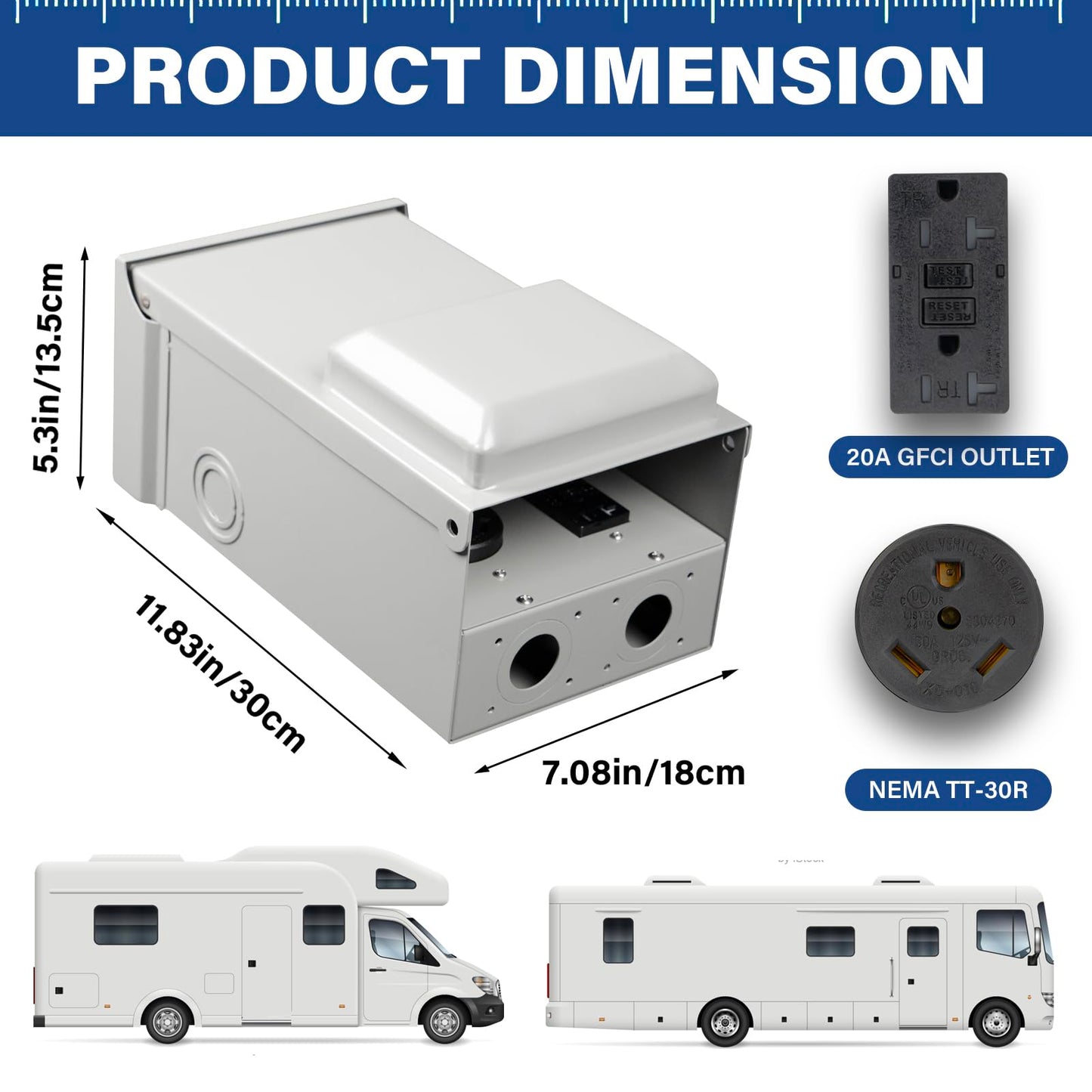 30 Amp RV Outlet Box, RV Electrical Panel with UL Listed 30 amp+GFCI 20 amp Receptacle Installed, Temporary Power Outlet Panel Prewired Unmetered, Weatherproof