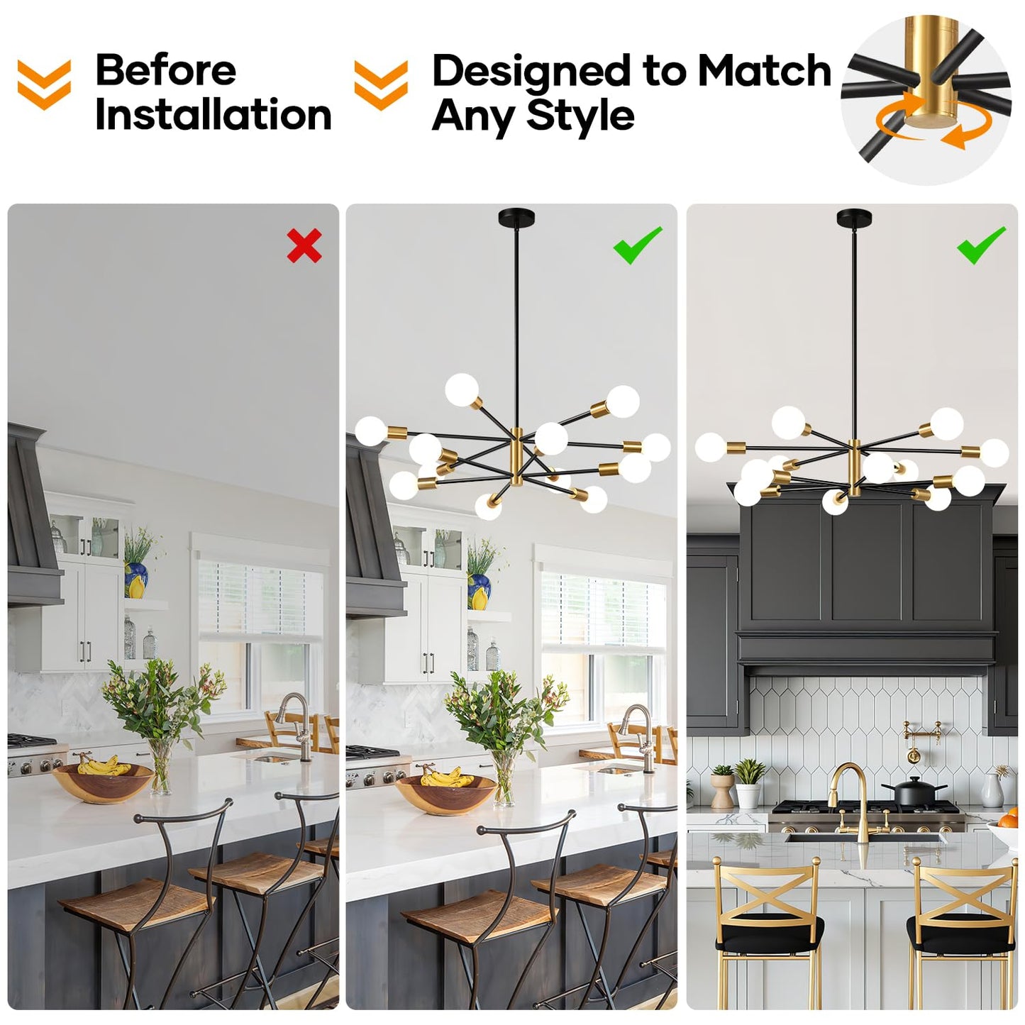 33" Modern Chandelier Ceiling Light Fixture, 12-Light Sputnik Chandeliers Brushed Gold and Black Mid Century Chandelier Over Table, Height Adjustable Chandeliers for Dining Room Living Room Kitchen