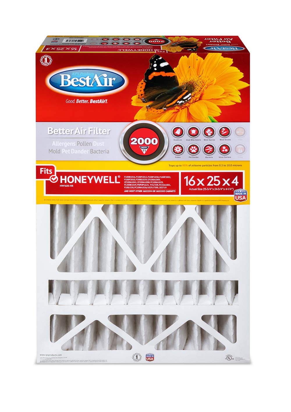 BestAir HW1625-11R AC Furnace Air Filter, 16" x 25" x 4", MERV 11, Removes Allergens & Contaminants, Fits 100%, For Honeywell Models, Pack of 3