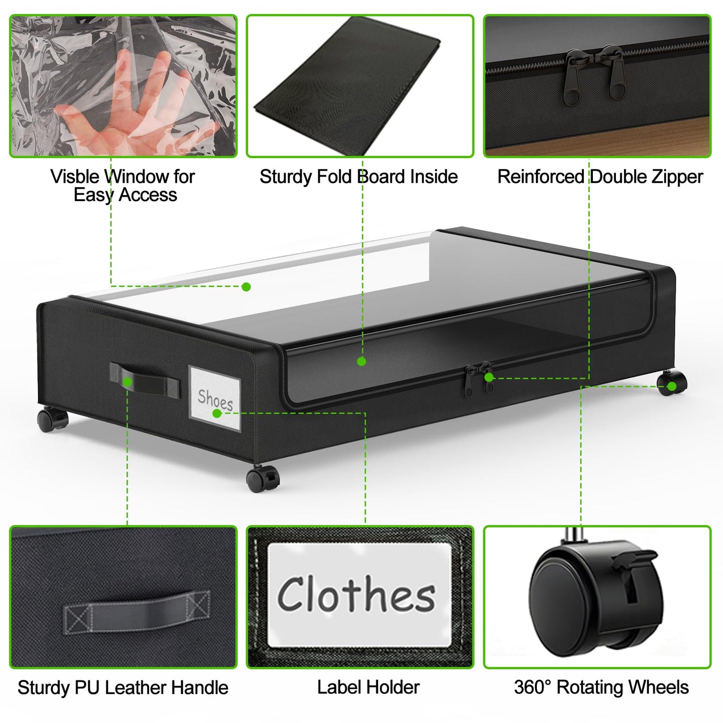 Molutsody Under Bed Storage with Wheels, 4-Pack Underbed Storage Containers with Clear Lids, Under Bed Shoe Storage Organizer, Rolling Under Bed Storage for Clothes Shoes Blankets (Black)