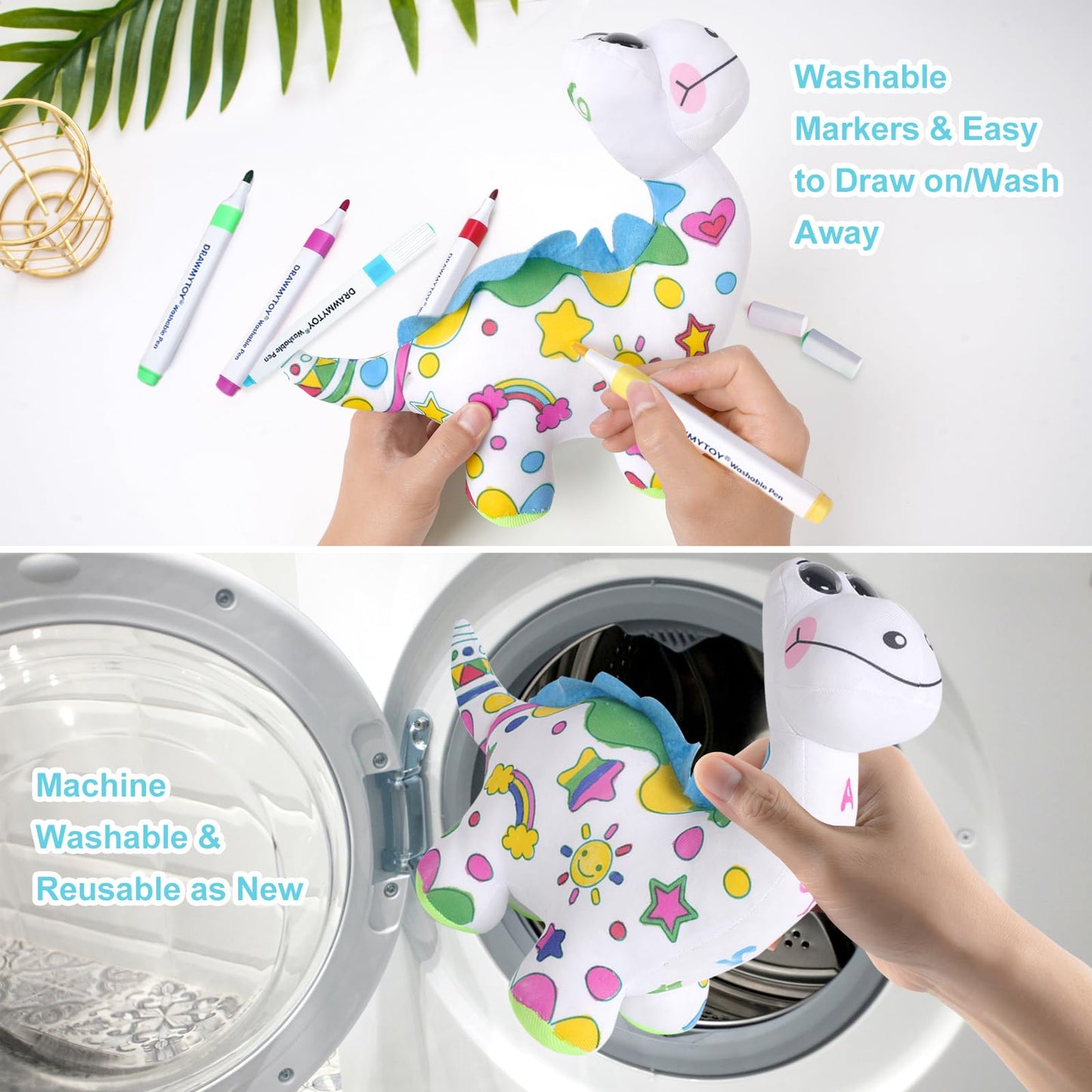 DIY Coloring Plush Toy with Washable Markers, Scribble Pets Stuffed Animal, Doodle Dolls Art Toy for Boys and Girls Ages 3-8, Birthday Gift (Dinosaur)