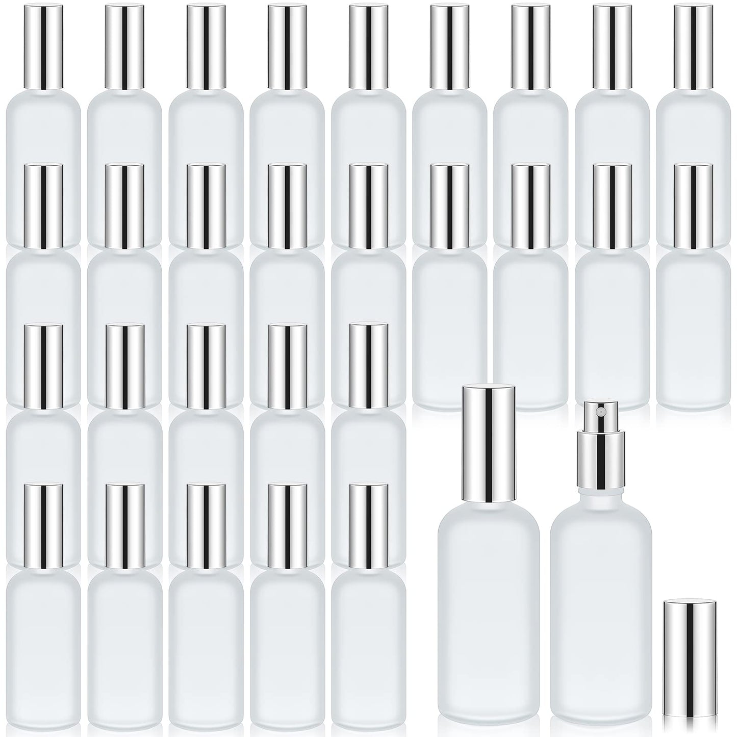 Roshtia 30 Pcs 3.4 oz Silver Glass Spray Bottle Clear Empty Bottles Small Refillable Reusable Perfume Containers with Fine Mist Sprayer Pump for Face Body Travel