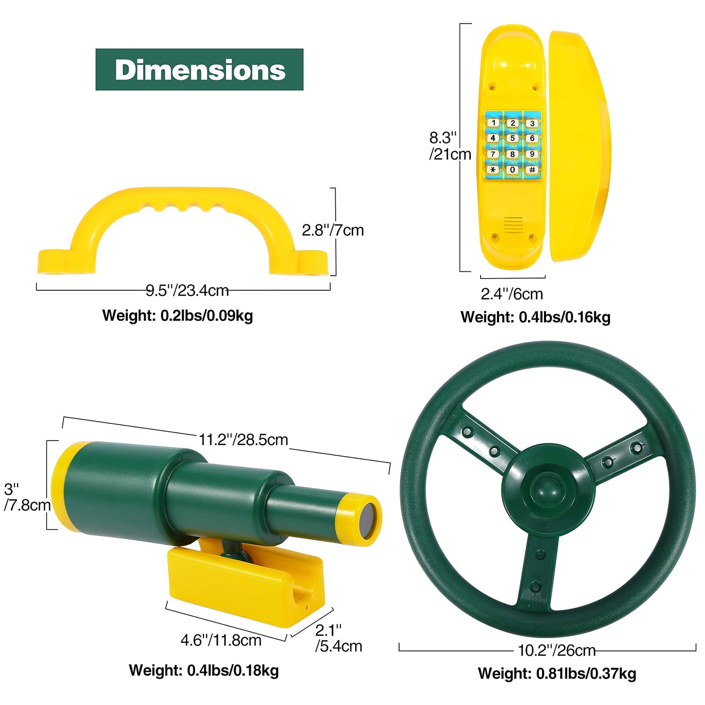 RedSwing Playground Accessories for Kids, Outdoor Swingset Attachments with Pirate Ship Wheel, Toy Telescope, Telephone and Safety Handles (Yellow and Green)