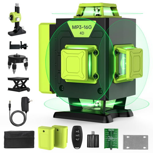 16 Line Laser Level 360 Self Leveling,4x360° Professional 4D Cross Line Green lazer Level with 2 Batteries for Construction and Picture Hanging,Adjustable Brightness Magnetic Bracket,Remote Control