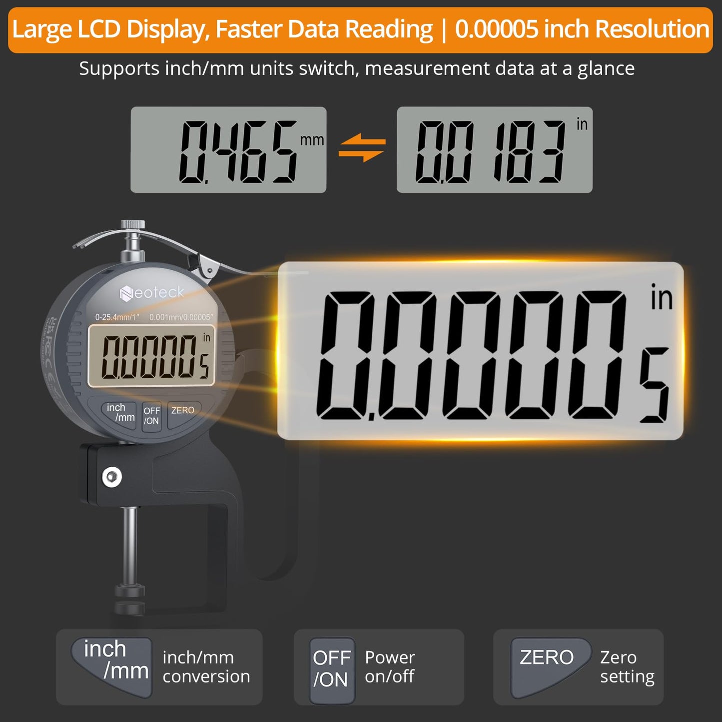 Neoteck Digital Thickness Gauge 1 inch/25.4mm, 0.00005"/ 0.001mm, Thickness Meter Precise Electronic Micrometer with LCD Display