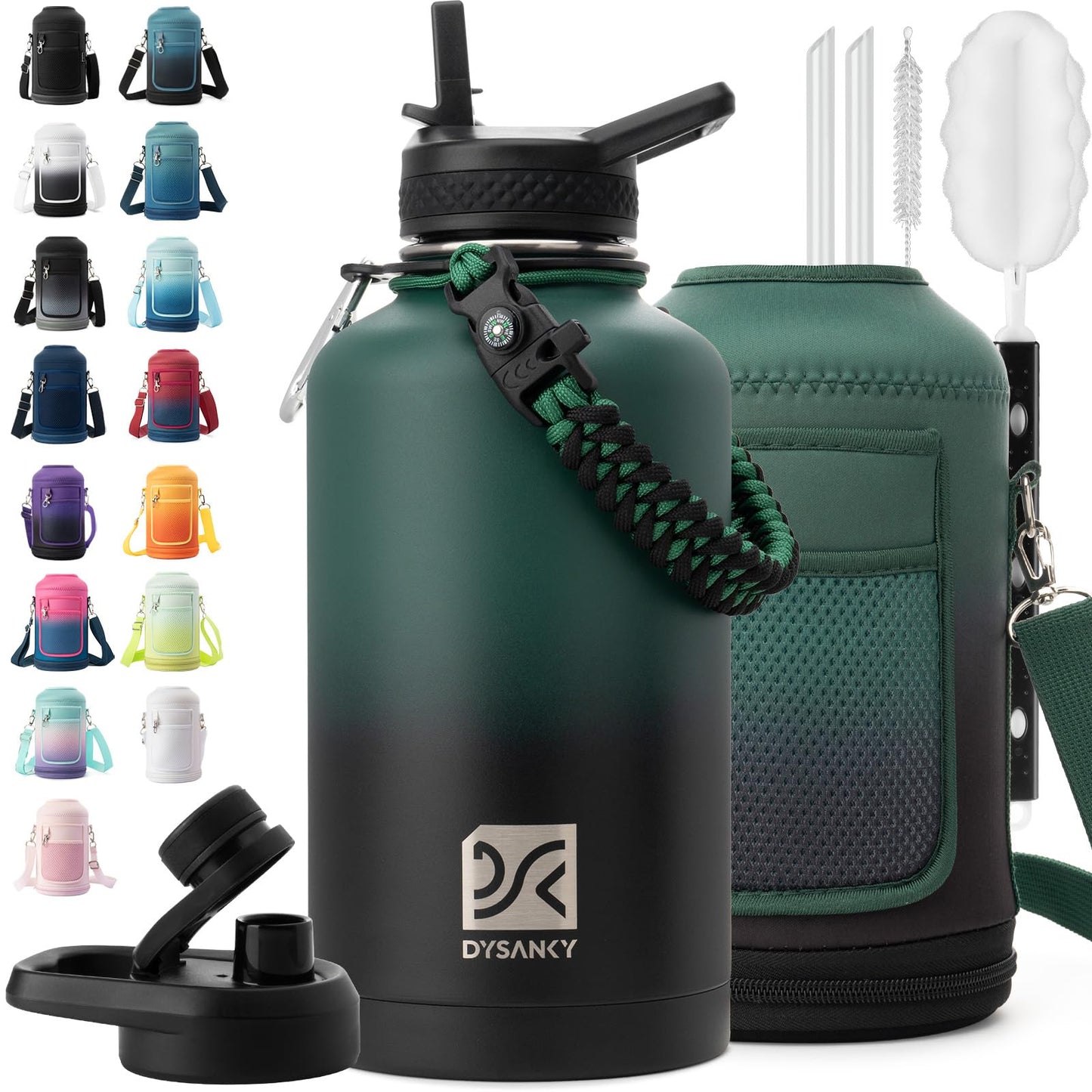 DYSANKY Insulated Water Bottle | Thickened Stainless Steel Vacuum Metal | Portable Sports Half Gallon Large Water Jug for Gym and Hiking with Straw, Carrier Bag, Handle Strap | BPA-Free 64 oz